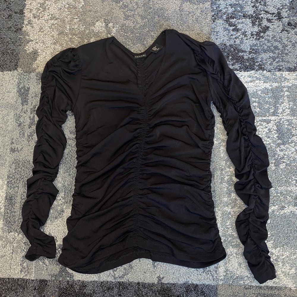 Tahari Ruched Long Sleeve Black Top NEW Women's Size Small